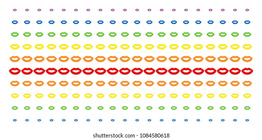 Sexy Lips icon rainbow colored halftone pattern. Vector shapes organized into halftone matrix with vertical spectral gradient. Constructed for backgrounds, covers, templates and abstract effects.