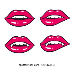Sexy lips illustration set. Vampire mouth with fangs and human teeth. Bright cartoon comic drawing.