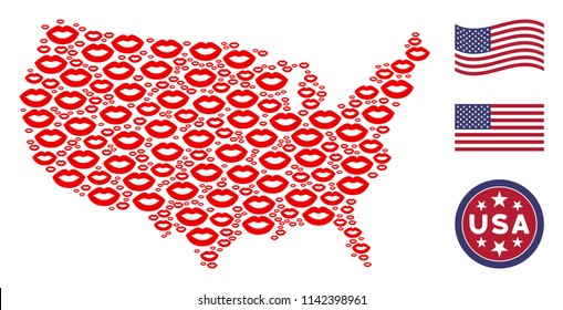 Sexy lips items are composed into USA map stylization. Vector collage of American geographical map is composed from sexy lips items. Designed for political and patriotic posters.