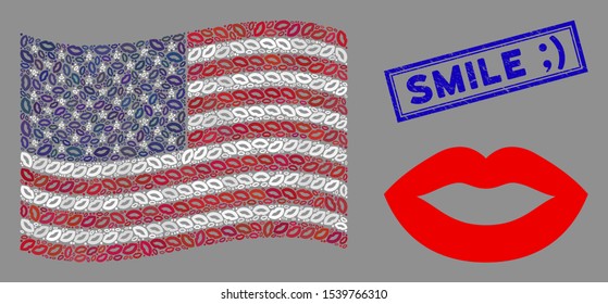 Sexy lips items are grouped into United States flag mosaic with blue rectangle corroded stamp watermark of Smile ;) caption.