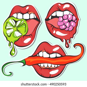 Sexy lips with lime, pepper and berry stickers, vector set of pop art female lips