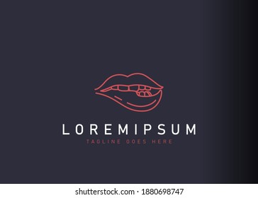 Sexy lips logo design. Vector illustration of teeth biting lip so it looks sexy icon design. Modern logo design with line art style.