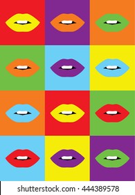 Sexy Lips pattern. Retro style pop art colored lips. Vector illustration