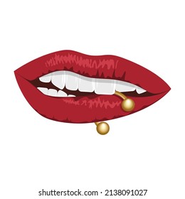 Los labios sexys con piercings. Vector. Dibujo. Acercamiento. Se puede usar para collage, diseño web.