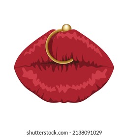 Los labios sexys con piercings. Vector. Dibujo. Acercamiento. Se puede usar para collage, diseño web.