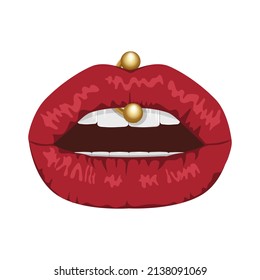 Los labios sexys con piercings. Vector. Dibujo. Acercamiento. Se puede usar para collage, diseño web.