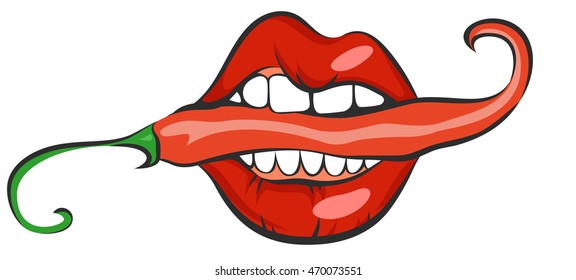 Sexy lips with red hot chili pepper. Pop art mouth biting spice. Close up view of cartoon girl eating flavoring. Vector illustration