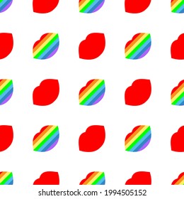 Sexy lips. Seamless bright vector pattern with rainbow and red lips on a white background. Fashion pop art background freedoms. For modern original designs, prints, textiles, fabrics, wallpapers, etc.