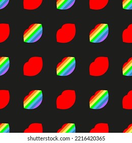 Los labios sexys. Patrón vectorial brillante sin brillo, con arcoiris y labios rojos sobre un fondo negro. Libertad de fondo de arte pop de moda. Para diseños originales modernos, impresiones, textiles, tejidos, papel pintado, etc.