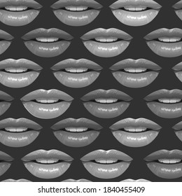 Patrón sin fisuras de los labios sexys. Palo de labios. Ilustración de moda. Dibujo en blanco y negro. Lazos de escala de grises