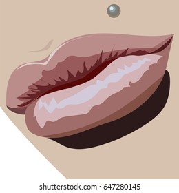 Sexy Lips and silver piercing under. Stylish Vector illustration for presentation and advertising of your salon