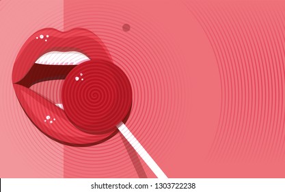 Los labios sexys chupan dulces, estilo plano, superpuesto con efecto hipnosis espiral, sueños sexuales dulces, ilustración vectorial. La boca femenina atractiva lame a la mujer y el follipop