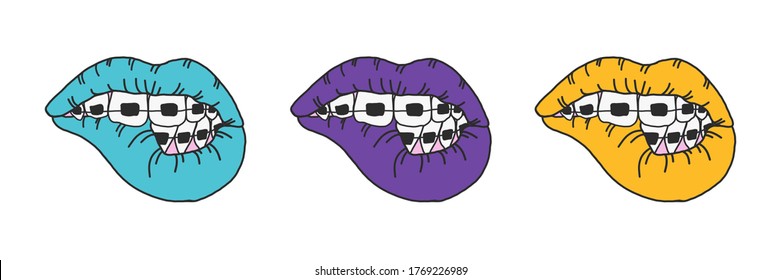 Los labios y dientes sexys con cepas sobre un fondo blanco aislado. Bonito conjunto de Vecton para diseño e impresión en tela, pegatinas, tarjeta de saludo. Día de besos, cuidado oral e higiene. Elementos aislados