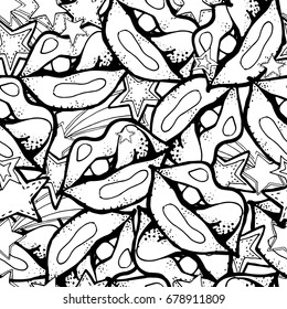 Sexy lips. Tongue out. Vector cute rock and roll abstract background. Hand drawn monochrome seamless pattern. Cartoon style. 