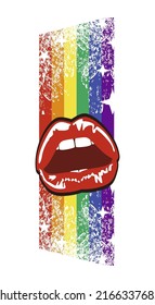 sexy lips t-shirt design with a vertical rainbow behind.Vector illustration for gay pride day.	