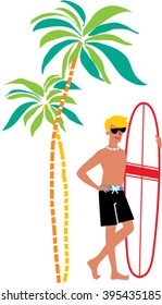 A sexy macho standing with surfboard under the palms. Sexy macho on the beach. Vector illustration. Surf man on the beach. 