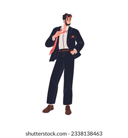Sexy man with devil horns. Sassy demon seducer taking off tie, flirting, smiling, seducing. Happy horny seductive person character. Flat graphic vector illustration isolated on white background
