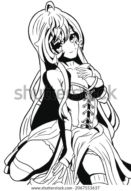 Sexy Manga Anime Girl With Big Breasts And Long Hair In A Corset Sitting Painting Line Style