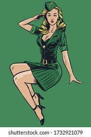 Sexy Military Pinup Girl In Vintage Drawing Style.