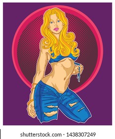 sexy model in jeans with oval halftime behind her.