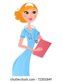 Sexy nurse with document isolated on white background. Vector