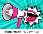 Sexy open female mouth and megaphone screaming announcement. Vector background in comic retro pop art style.