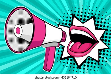 Sexy open female mouth and megaphone screaming announcement. Vector background in comic retro pop art style.