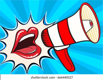 Sexy open female mouth and megaphone screaming announcement. Vector background in comic retro pop art style.