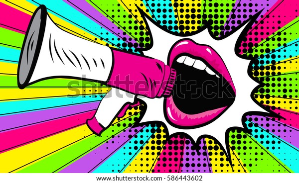 セクシーで口元が開けた女性とメガフォンが叫ぶ声 漫画のレトロなポップアートスタイルのベクターサイケデリック背景 のベクター画像素材 ロイヤリティフリー