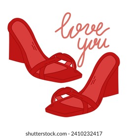 Sexy par de zapatos rojos ilustrando vectoriales para el Día de San Valentín. "Te amo la postal del 14 de febrero