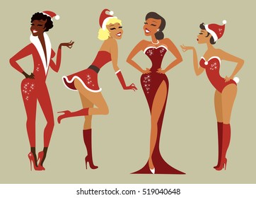 Sexy Pin Up Santa Girls Vector Set