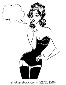 Sexy pin up woman sending an air kiss, black and white vector silhouette with speech bubble illustration