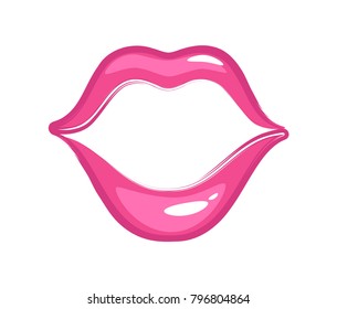 Sexy pink lips. Vector emblem on white background. Illustration for logo, decor or label.