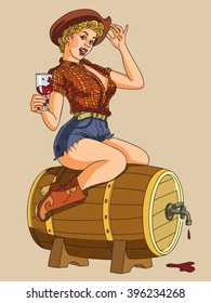 Sexy Pinup Country Curly Cute Blonde Girl In A Cowboy Hat And Boots Sits On A Wine Wooden Barrel And Holds A Glass Of Wine. Vintage Style Vector Stock Image. Bar Advertisement, Flyer, Party Invitation