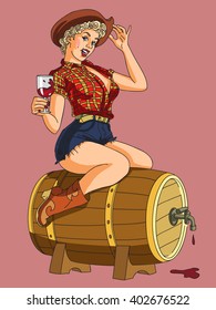 Sexy pinup country curly cute blonde girl in a cowboy hat and boots sits on a wine wooden barrel and holds a glass of wine. Vintage style vector stock image. Bar advertisement, flyer, party invitation