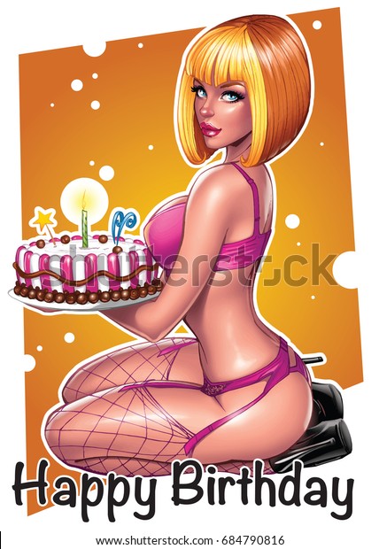 Sexy Pinup Girl Holding Birthday Cake Stock Vector Royalty Free 684790816