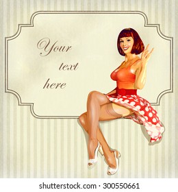 Sexy Pin-up Girl With Vintage Frame And Place For Text