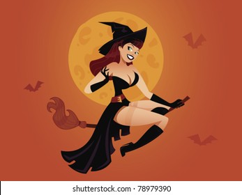 Sexy Pinup Witch Flying On A Broomstick