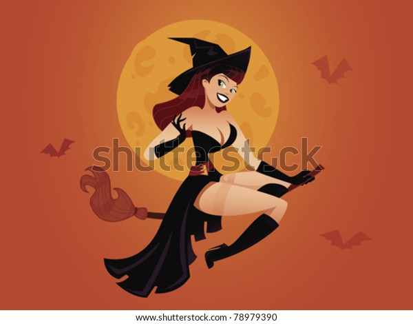 witch riding broom hat pinup