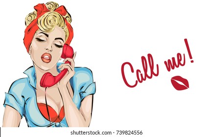 Sexy Pin-up woman answers the phone. Vector pop art comics retro style illustration background