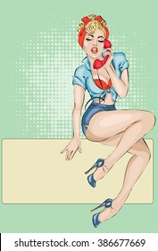 Sexy Pin-up woman with phone answer the call.  Vector illustration background