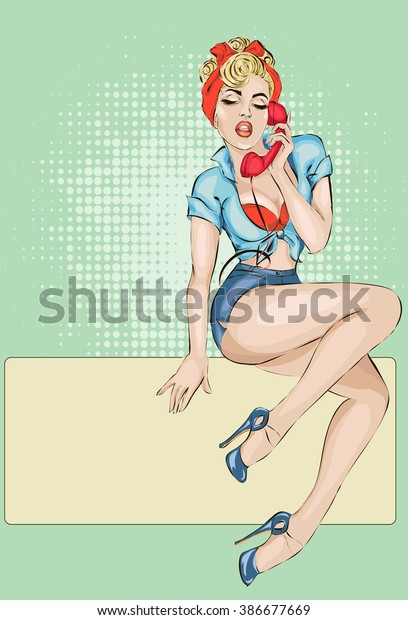 Sexy Pin-up woman with phone answer the call. \
Vector illustration\
background