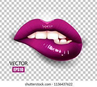 Sexy plum lips isolated on transparent background. Bite lip. 3D design. Vector illustration. EPS10