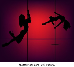 Sexy Pole dancer on red background.