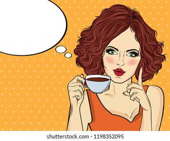 Sexy Pop Art Woman With Coffee Cup. Advertising Poster In Comic Style. Vector