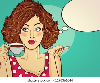 Sexy Pop Art Woman With Coffee Cup. Advertising Poster In Comic Style. Vector