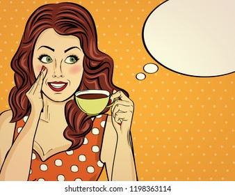 Sexy Pop Art Woman With Coffee Cup. Advertising Poster In Comic Style. Vector