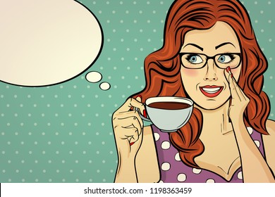 Sexy Pop Art Woman With Coffee Cup. Advertising Poster In Comic Style. Vector