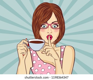 Sexy Pop Art Woman With Coffee Cup. Advertising Poster In Comic Style. Vector