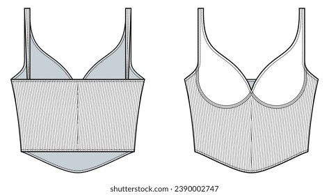 Sexy push-up Bralette top de la ilustración de moda técnica plana. Plantilla de plano técnico de la moda de la parte superior de la morena. con relleno y cable inferior. vista frontal y posterior. ladie's, equipo de simulación de CAD.